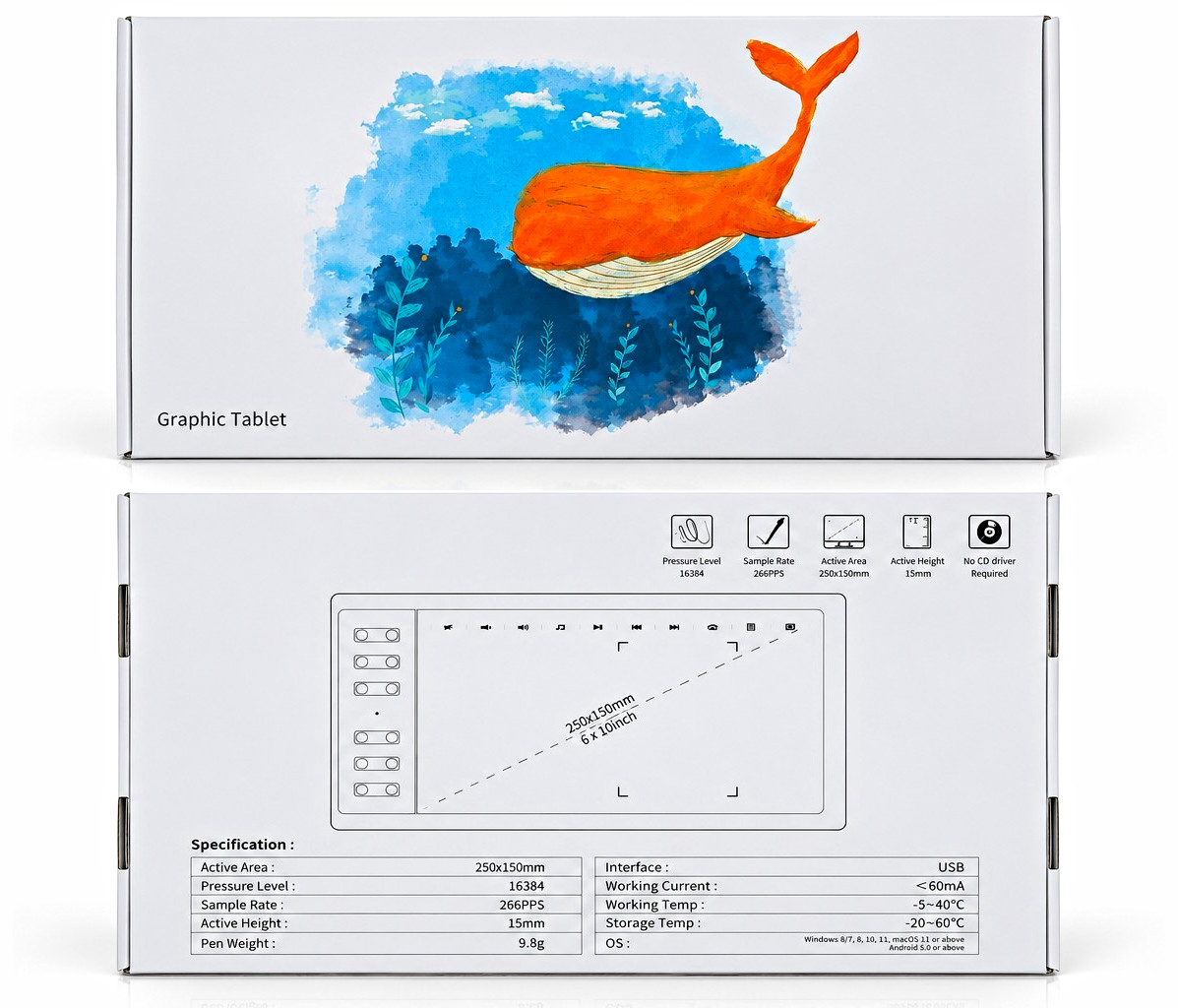 USB Graphics Tablet 14.17 x 9.45 in w/ Stylus Pen & Accessories