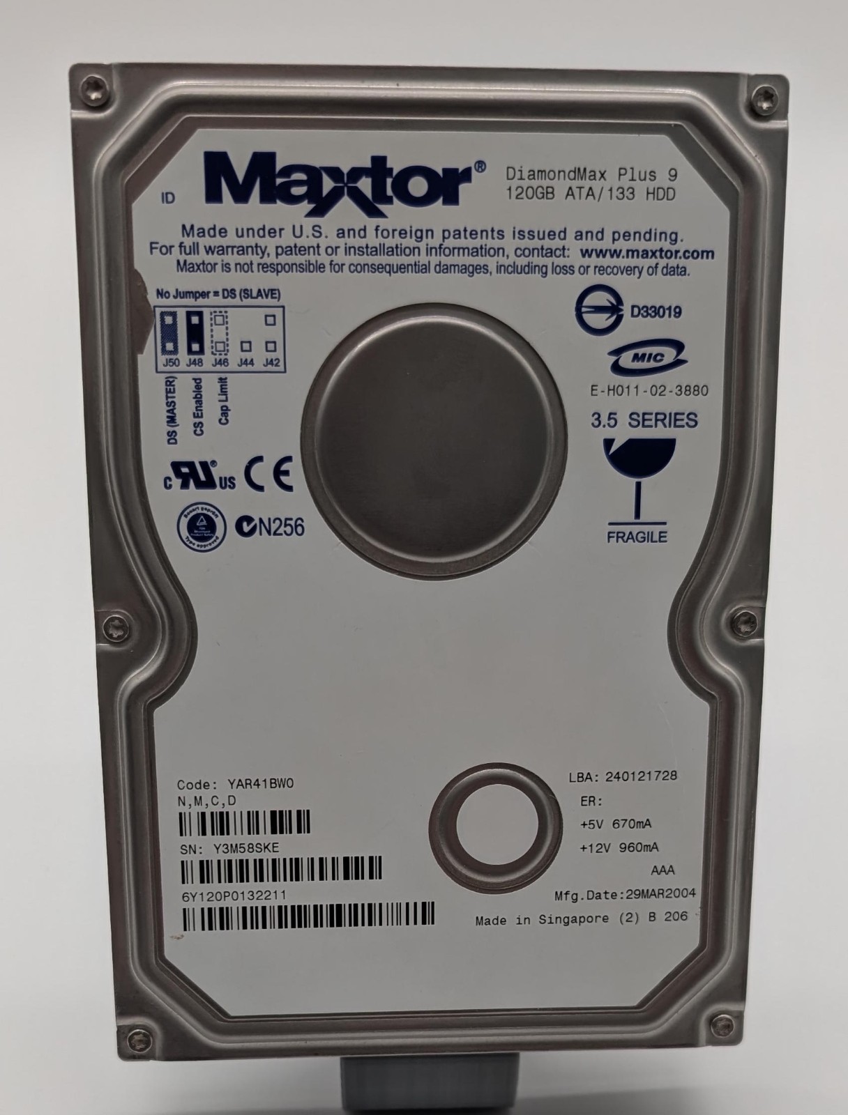 Maxtor DiamondMax Plus 9 6Y120P0 120GB 3.5" IDE HD - Tested
