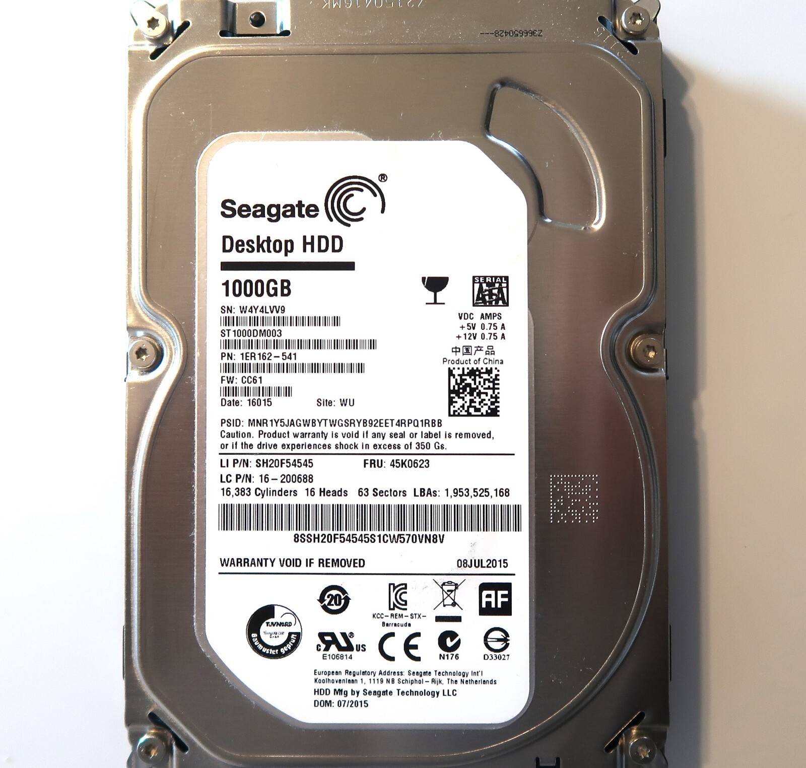 Seagate ST1000DM003 1ER162-541 CC61 (W4Y4) WU China 1000gb 3.5" Sata 07/2015