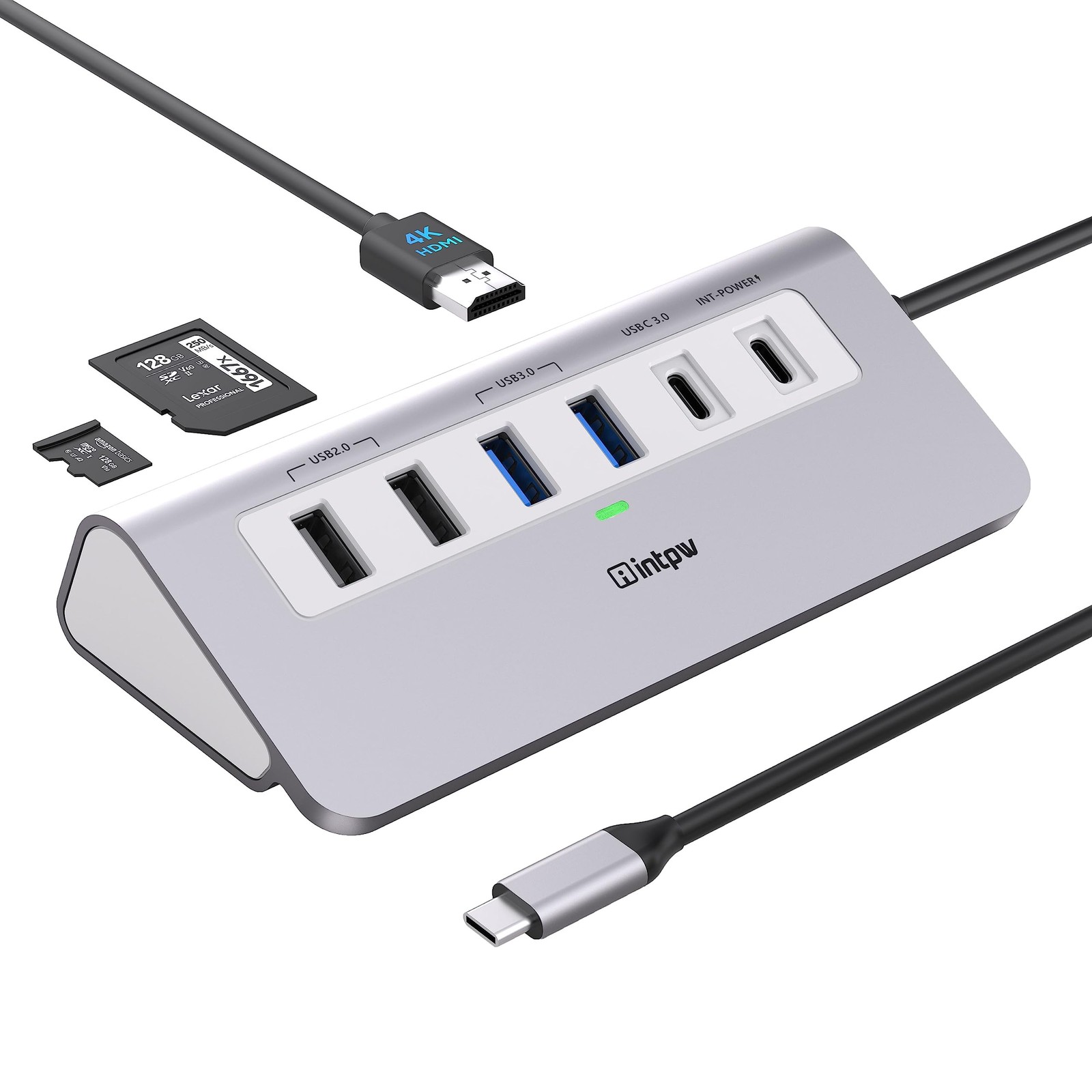 intpw USB C Hub 9-in-1, 28° Ergonomic Aluminum Hub, 4K@60Hz 1.64ft, Silver