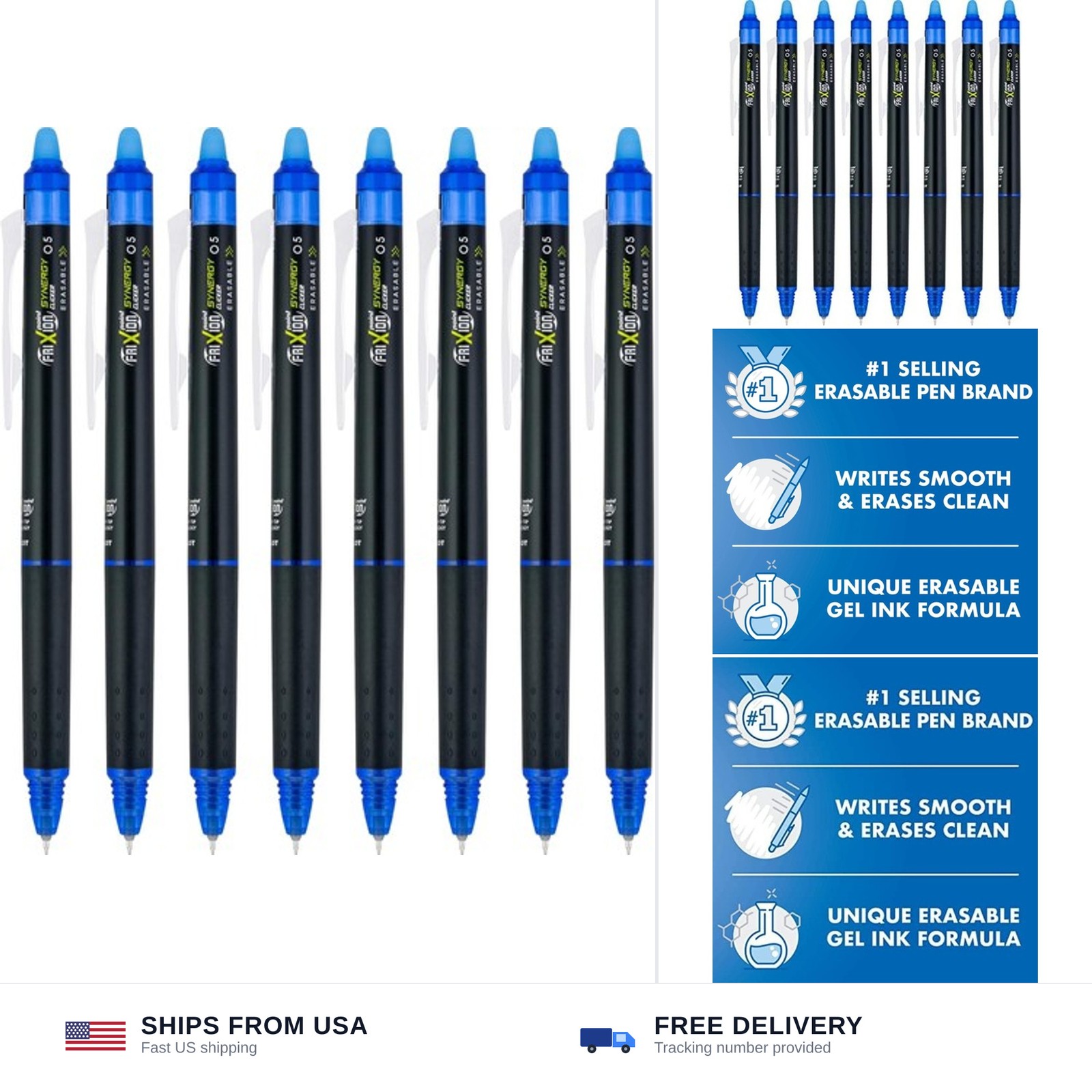 PILOT FriXion Synergy Clicker Erasable, Pack of 8, Blue