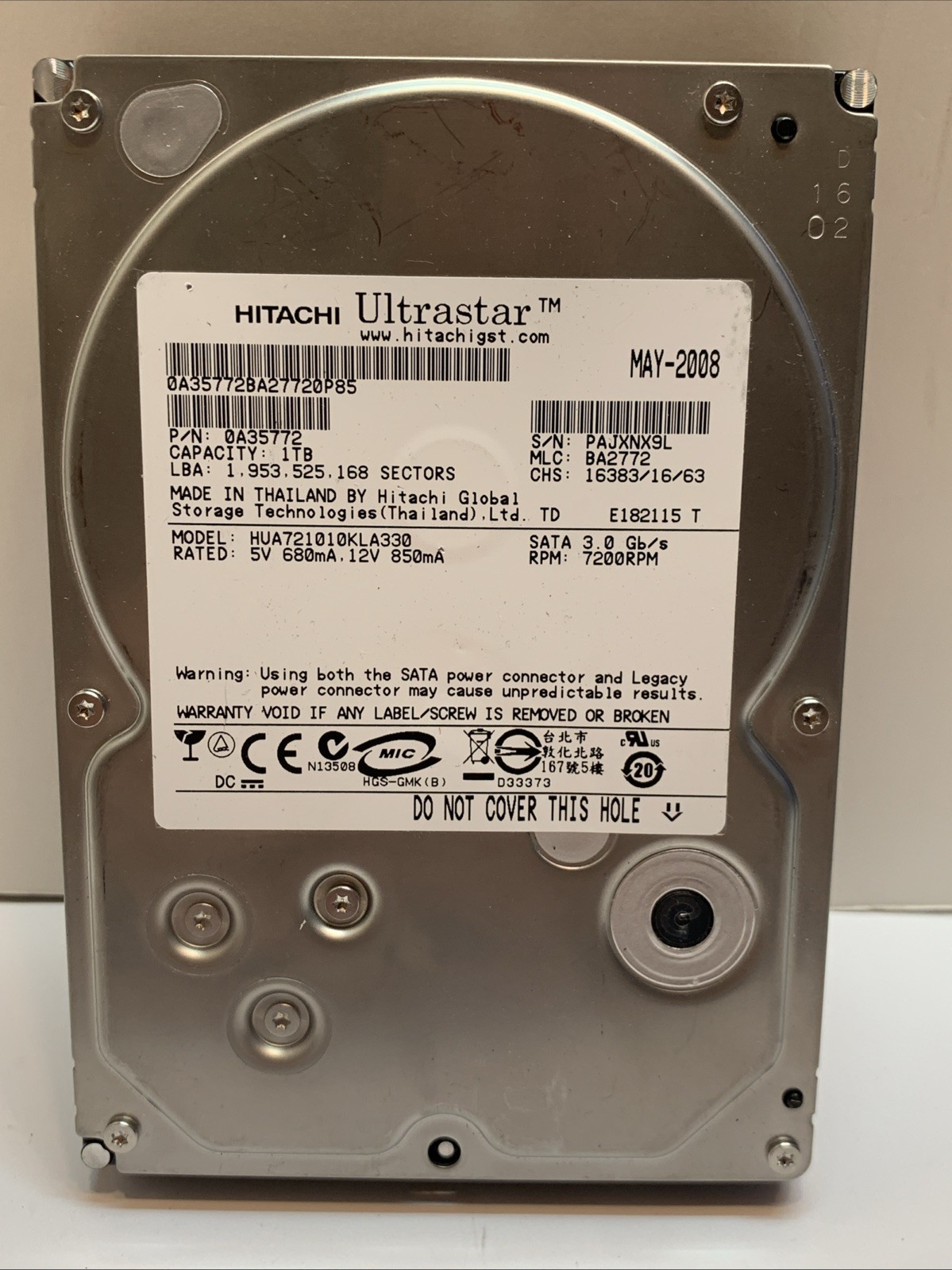 Hitachi HUA721010KLA330 PN:0F10402 MLC:BA2772 1.0TB Sata 3.5" HDD