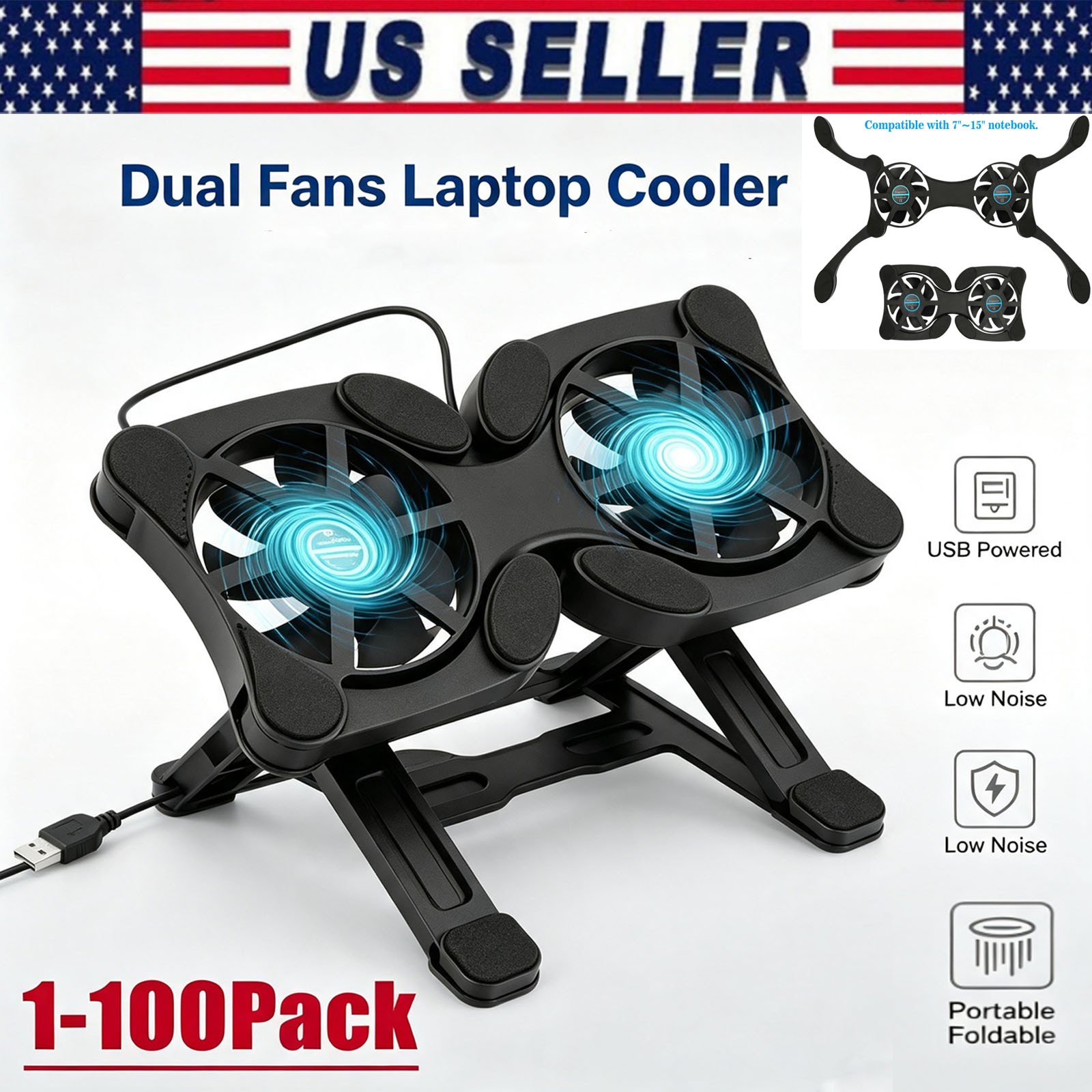 Dual USB Cooling Fan Pad Foldable Slim Fans Cooler Stand for Laptop Notebook Lot