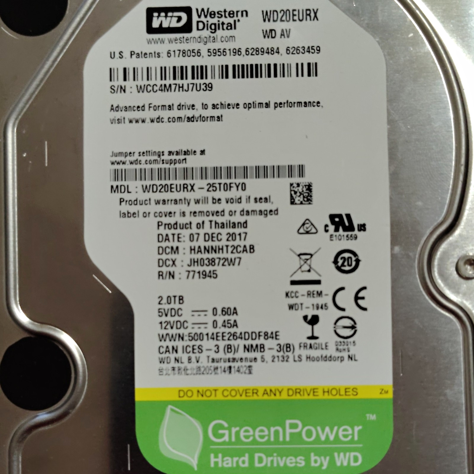Western Digital WD20EURX 2TB 3.5" SATA 6Gb/s 5400RPM 64MB WD AV-GP