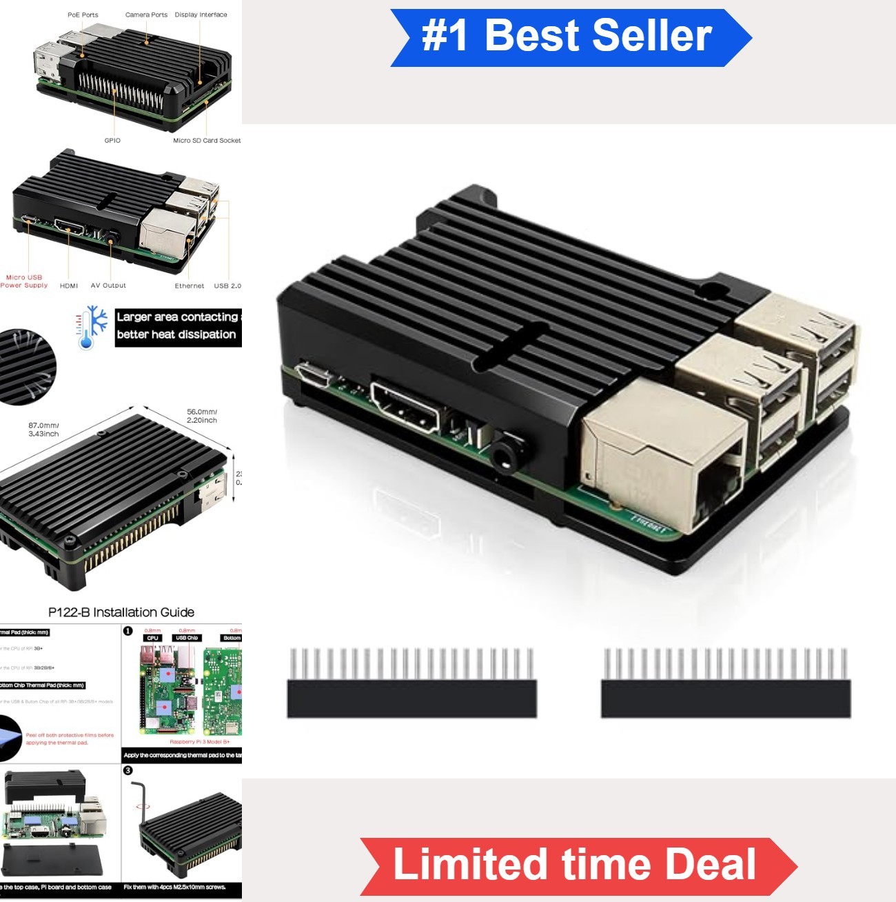 Aluminum Alloy Case for Raspberry Pi 3B+ 3B Passive Cooling Black with Thermal