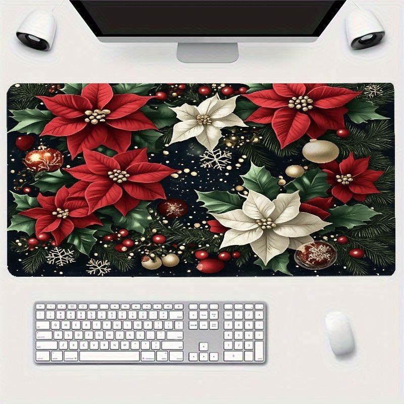Christmas-Themed Desk Mat - Festive Holiday Mouse Pad with Vibrant Poinsettias
