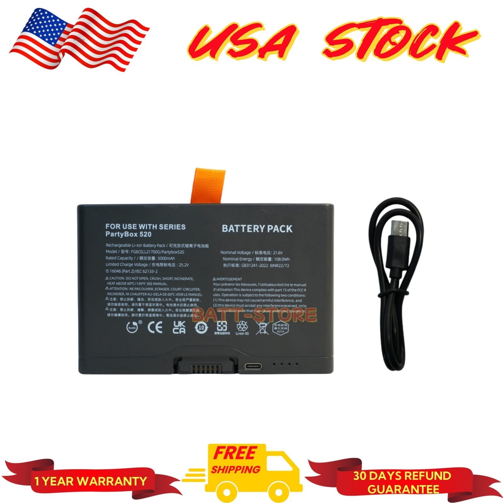 Replacement Battery For JBL PartyBox 520,720, Boombox 4, 21.6V 5000mAh