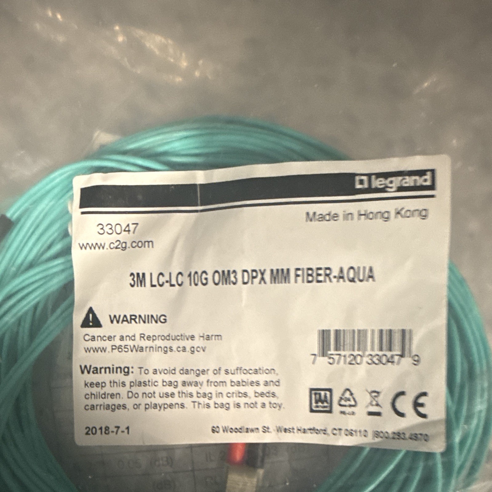 Legrand 33047 3m LC-LC 10G OM3 Duplex Multimode Fiber Patch Cable Aqua