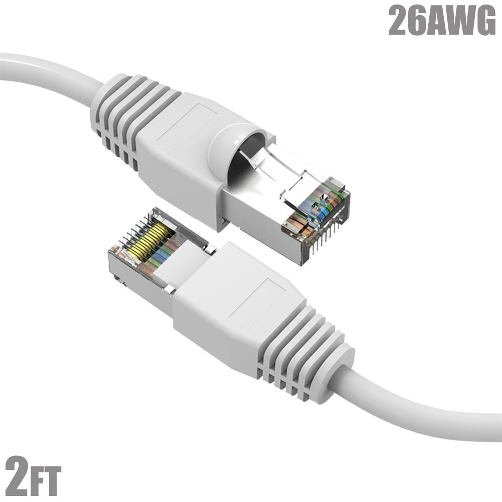 2FT Cat6A RJ45 Network LAN Ethernet SSTP Cable Shielded Copper Wire 26AWG White