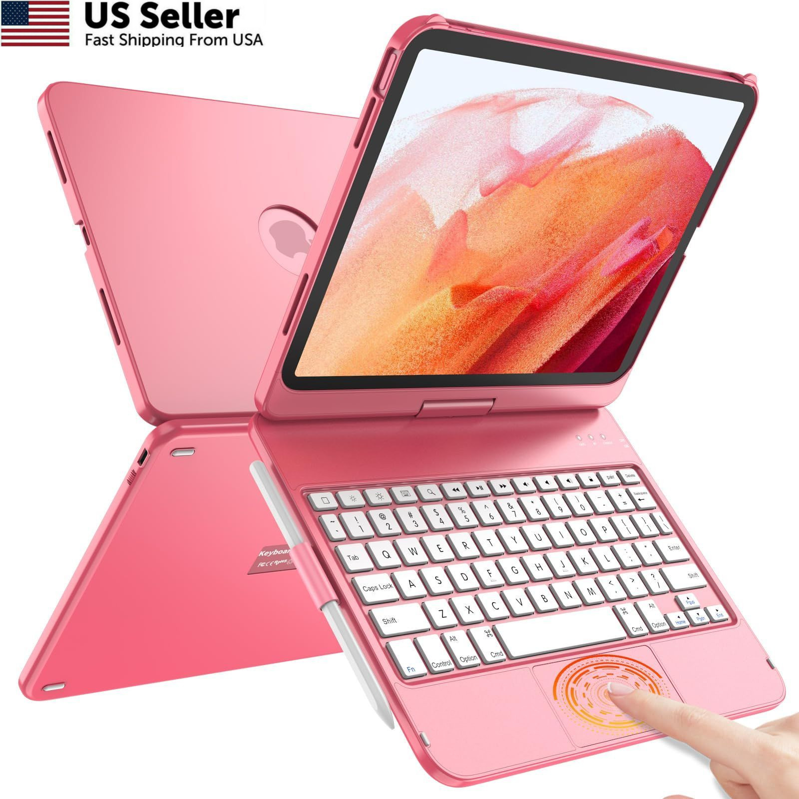 TQQ Touch for iPad (A16) 11th/10th Generation Case with Keyboard Dark Pink