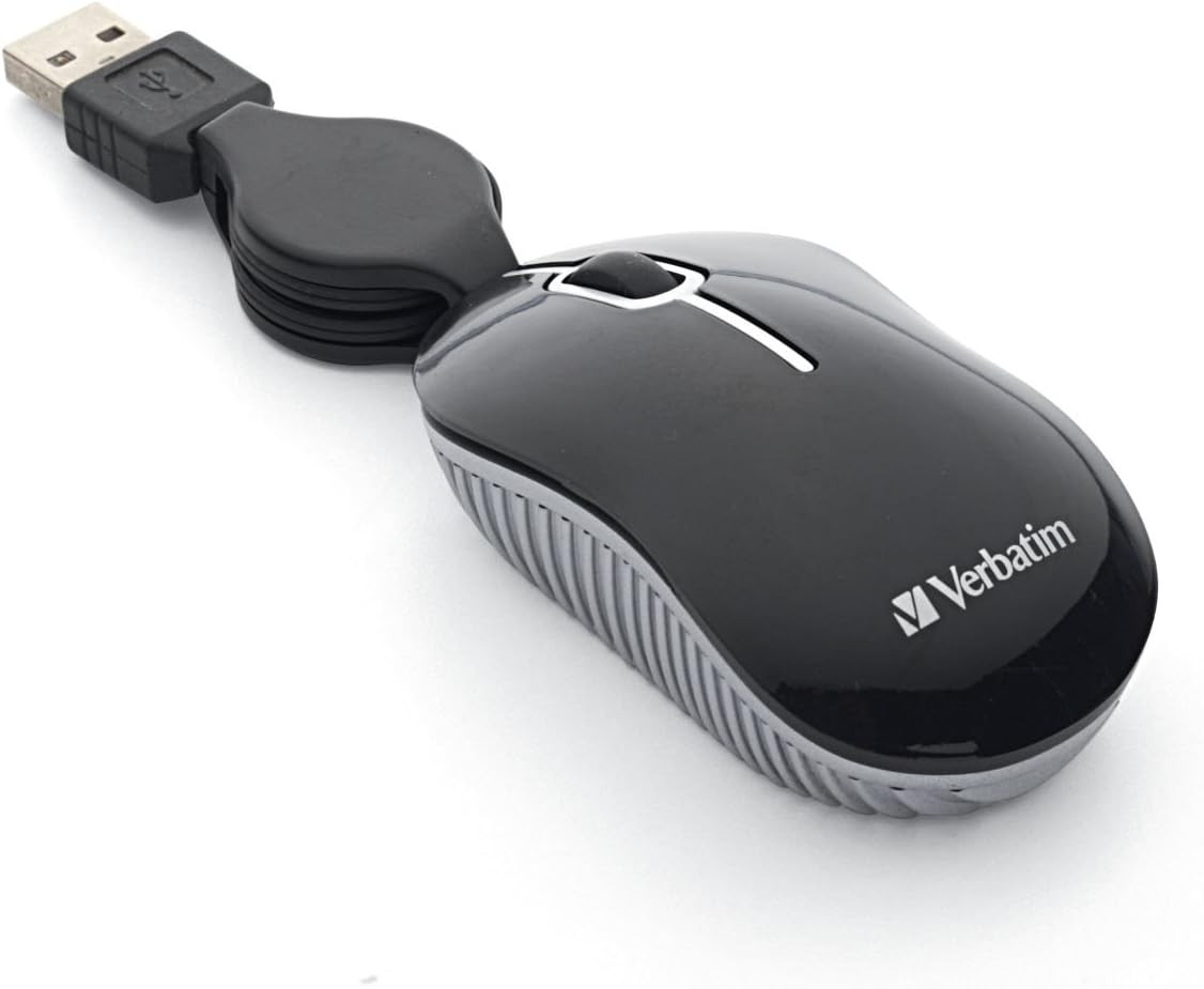 Verbatim Mini Travel Optical Mouse, USB, Retractable Cable, Black