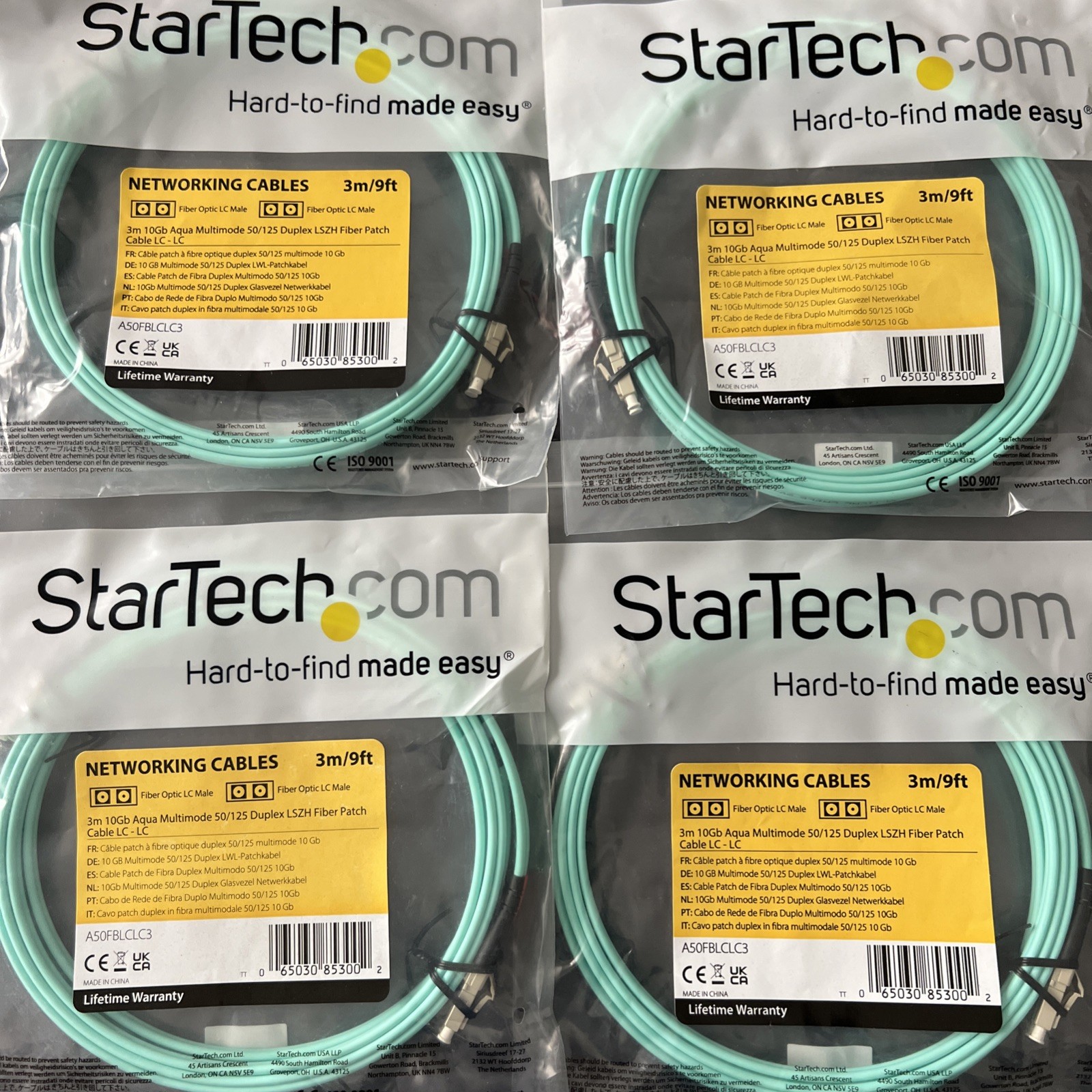 StarTech 3m 9ft 10Gb Aqua Multimode Duplex 50/125 LSZH Fiber Optic Cable 4 pack