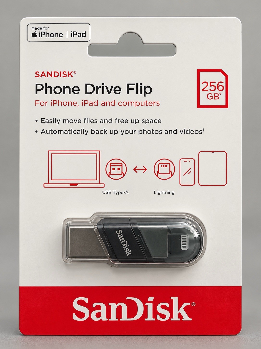 SanDisk Phone Drive Flip 256GB Lightning USB-A iPhone iPad SDIX90N New Sealed
