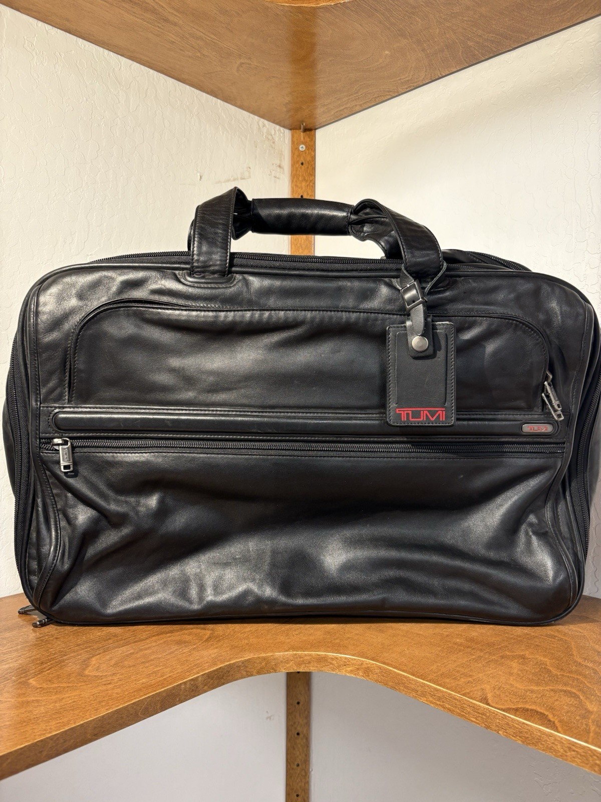 TUMI Black Leather Briefcase Expandable Travel Bag Large 14” x 22” vintage 