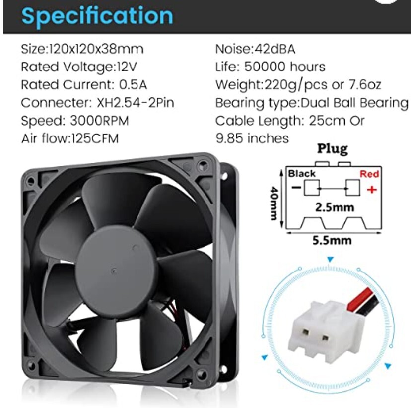 Wathai AC 12038 120mm x 38mm 110V 120V Dual Ball Cooling Axial Fan High Airflow