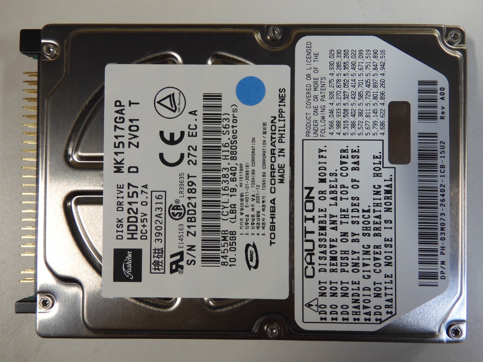 Toshiba MK1517GAP 10GB HARD DRIVE 4200RPM 2MB ATA / IDE HDD2157 HDD 2.5" form