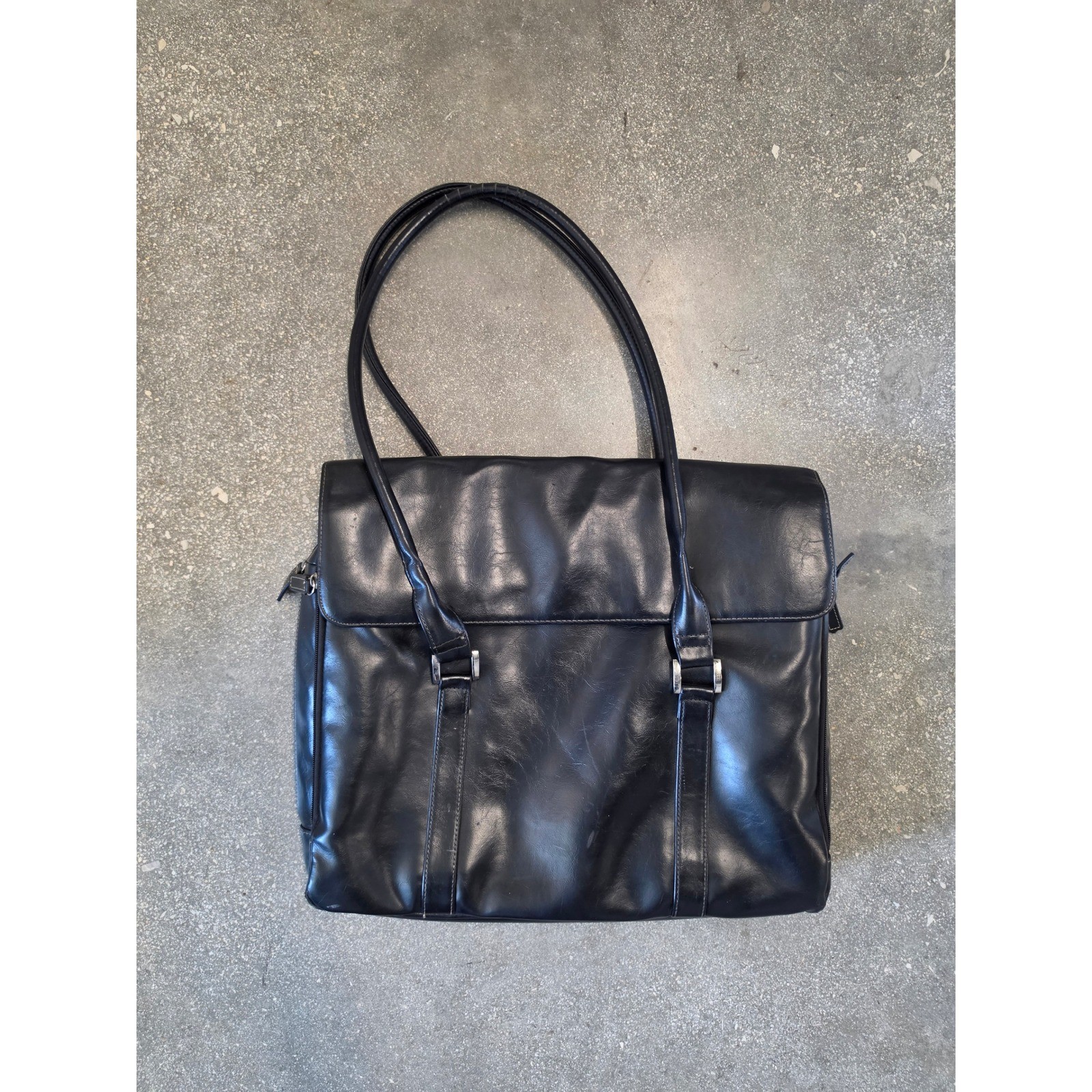 Vintage Buxton Black Faux Leather Laptop Bag Shoulder Tote Work Briefcase