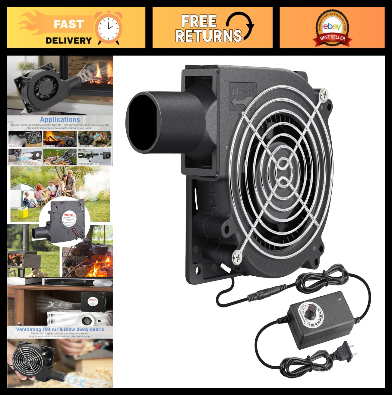 120mm Dual Ball Blower Fan 12V AC Plug Variable Speed Controller - High Velocity