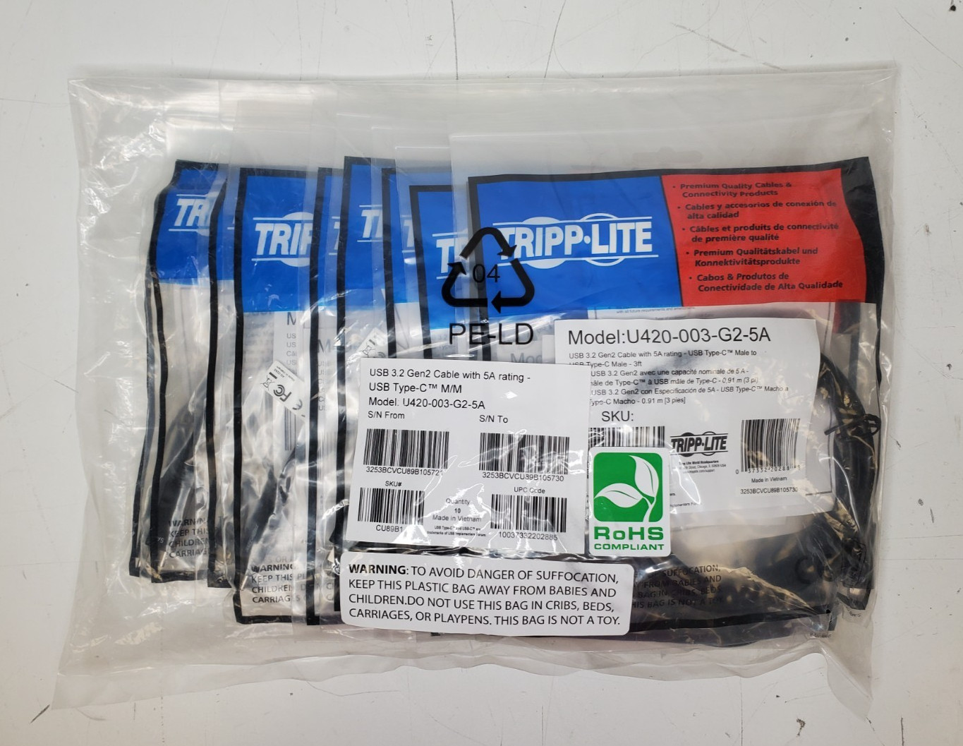 10x New Tripp Lite USB-C to USB-C 3ft Cable (U420-003-G2-5A)