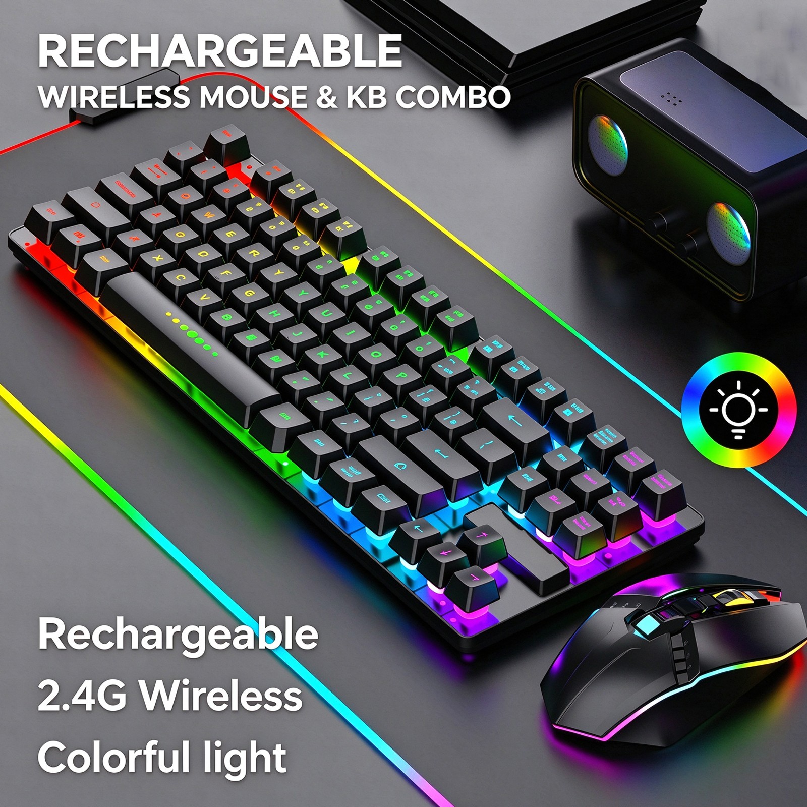 Rechargeable Wireless Gaming Keyboard & Mouse Combo 87 Keys Rainbow RGB Backlit