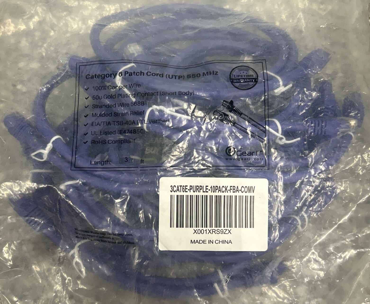 GearIT Cat 6 Ethernet Cable 3 ft (10-Pack) - Cat6 Patch  - Purple 3 Feet