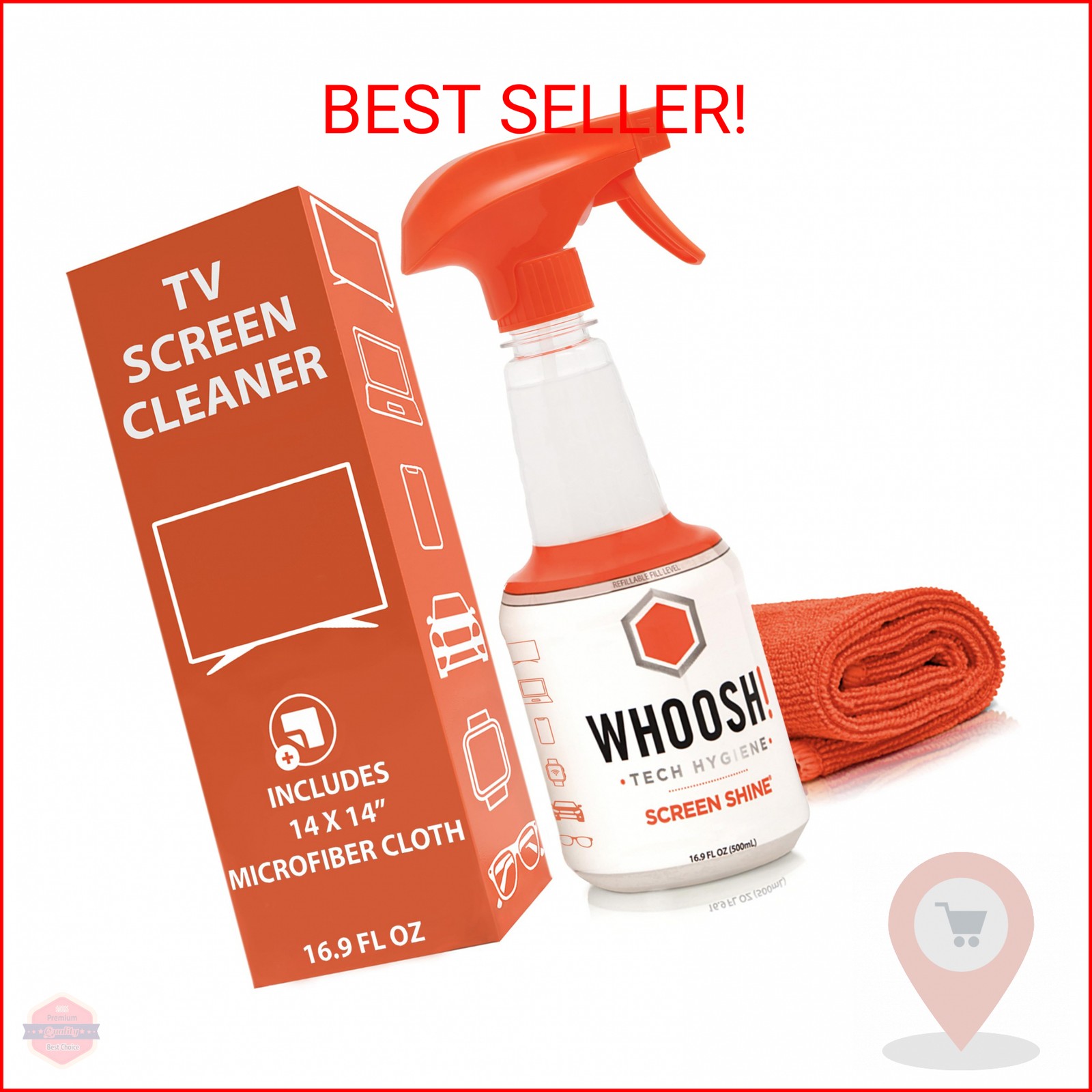 WHOOSH Pro 16.9 fl oz Refillable TV Screen Cleaner & Microfiber Cloth - Streak-