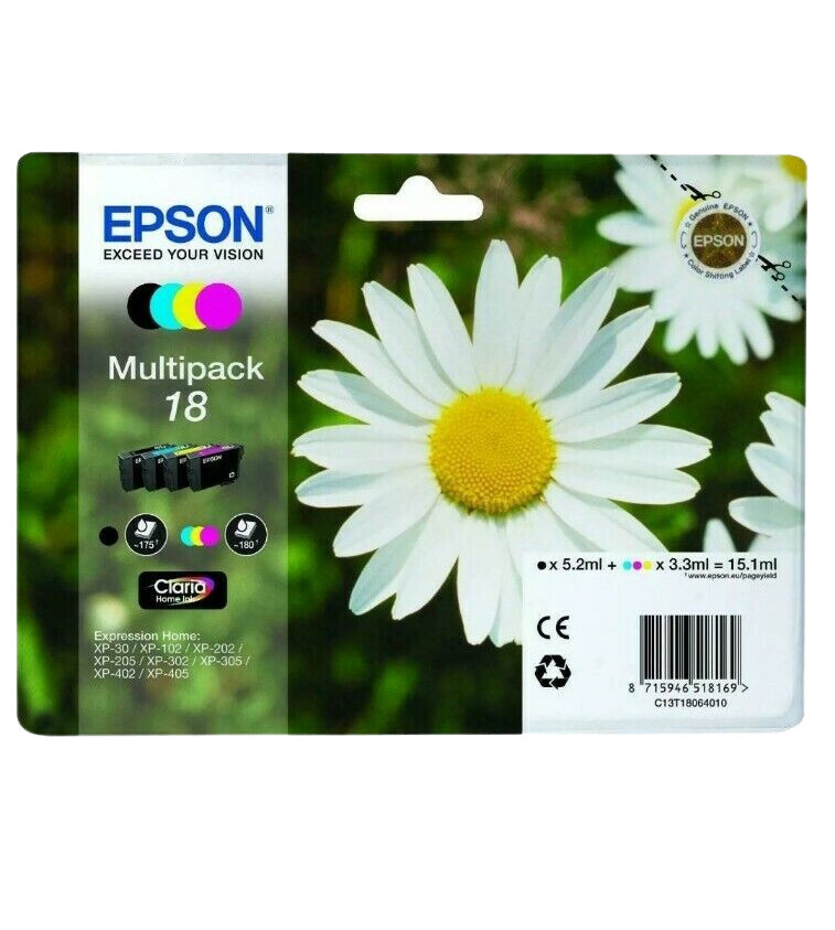 Genuine Epson 18 T1806 Multipack Printer Cartridges BK/C/M/Y EXPIRY 04/2025