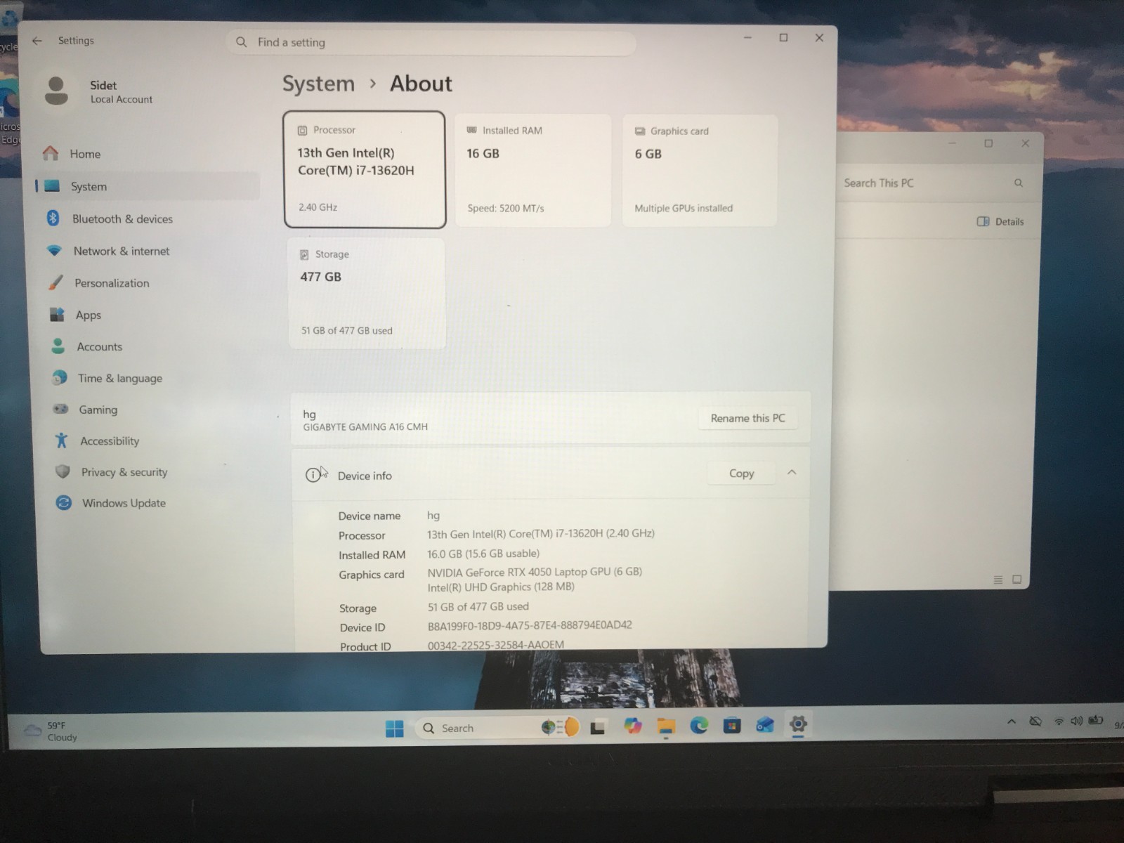 Gigabyte A16 16" 1920x1200 165Hz i7-13620H 16GB 512GB  RTX 4050 W11H Gaming #62