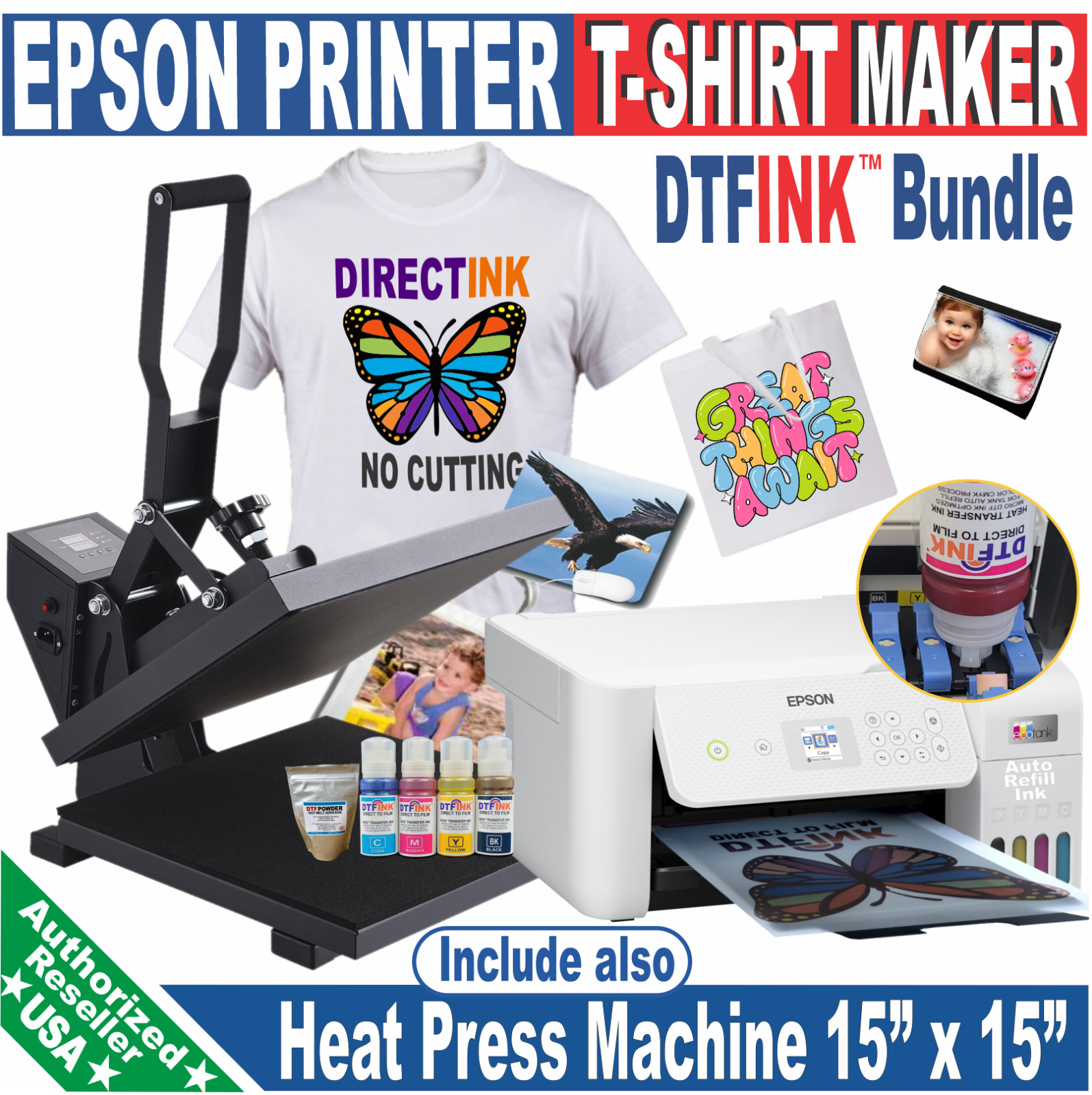 Epson Printer with DTF Print T-Shirt Heat Press 15x15 Machine Start  Bundle