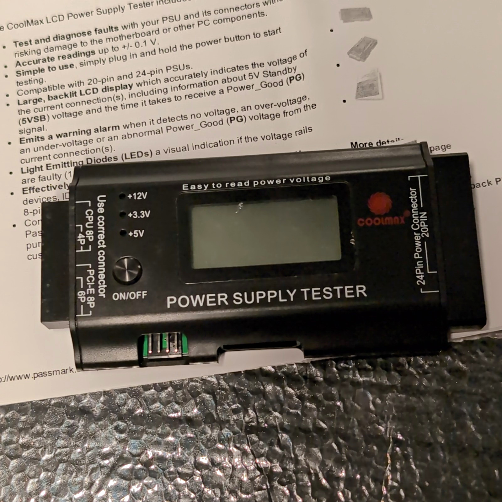 Coolmax PS-228 LCD ATX Power Supply Tester 20/24-Pin SATA 4-Pin 12V 6-Pin
