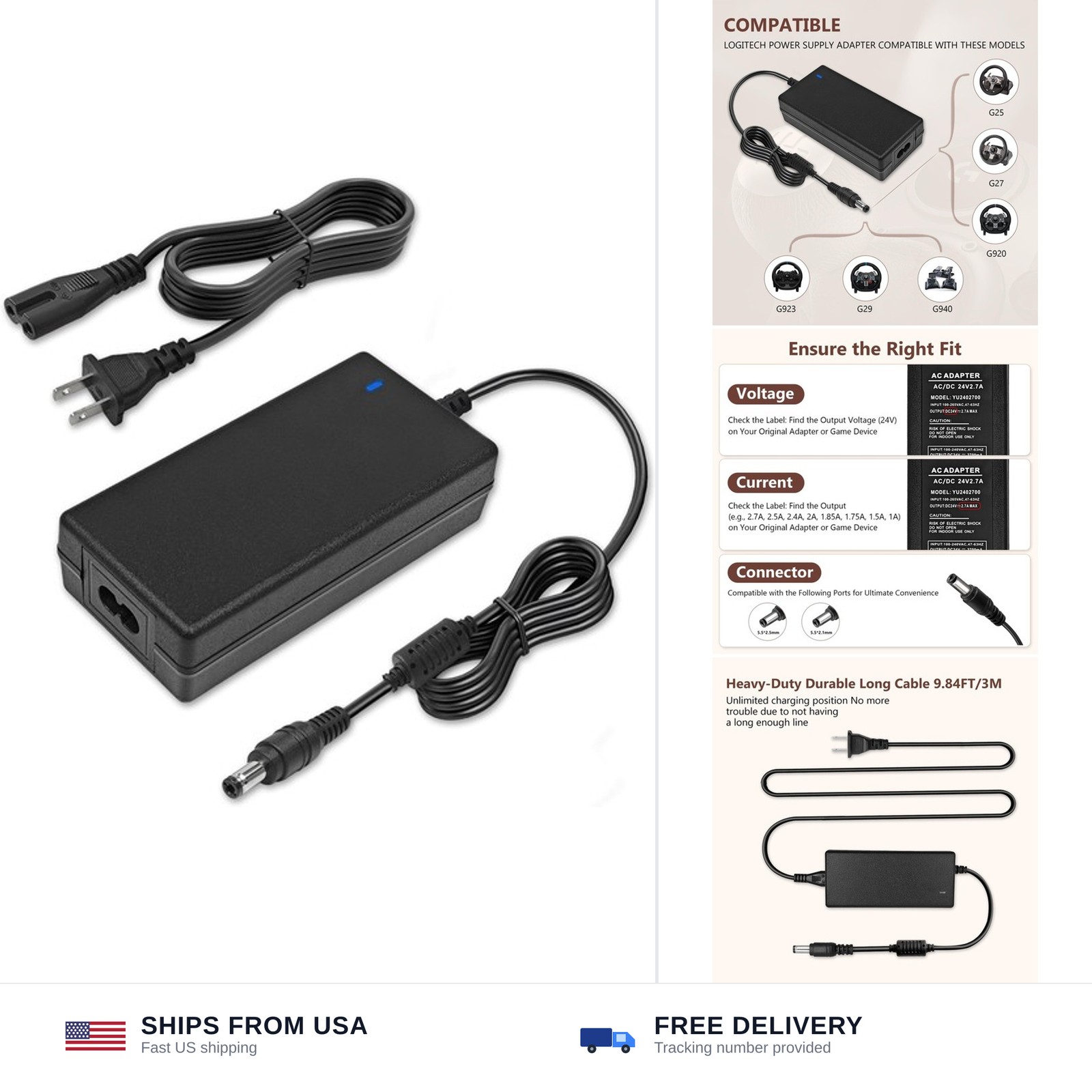 24V Power Adapter for Logitech G29 G920 G923 G27 G25 Racing Wheel