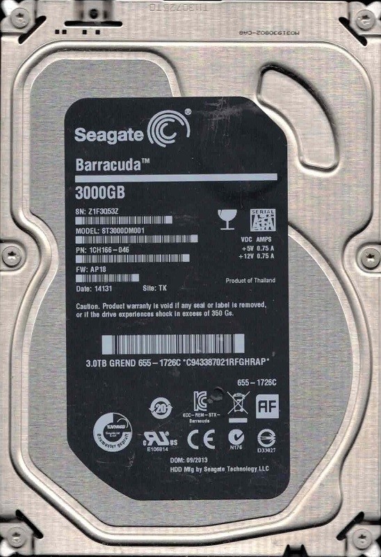 ST3000DM001 P/N: 1CH166-046 F/W: AP18 TK Z1F3 MAC 655-1726C 09/2013 Seagate 3TB
