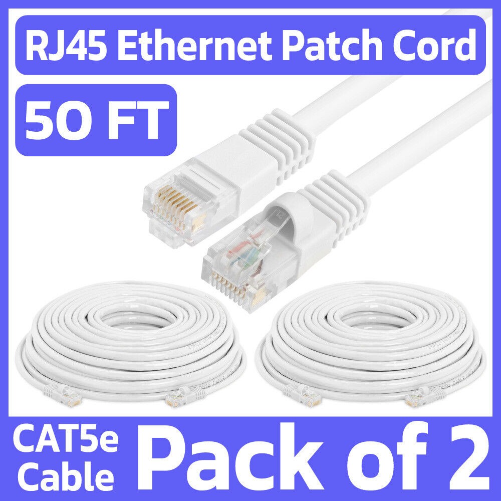 2 Pack Cat5e Patch Cord White 50 Feet Lan Ethernet Cable Network Internet RJ45