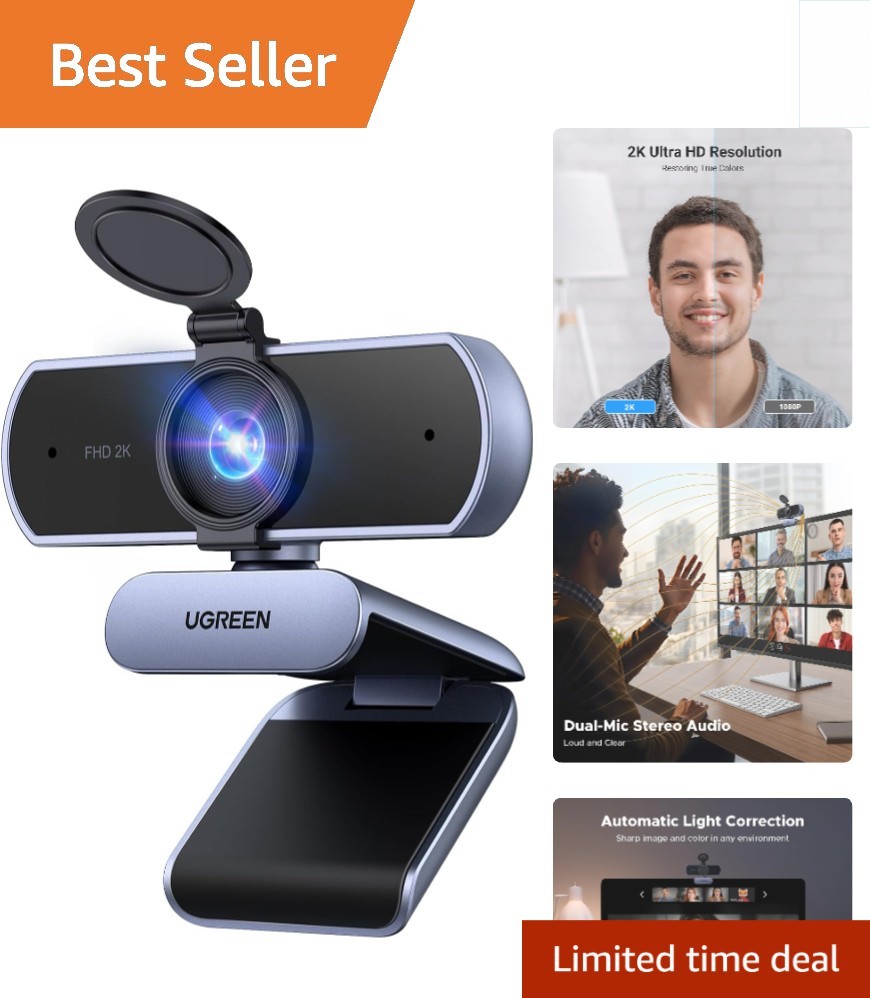 Compact 2K Webcam for PC: Built-in Mic, Auto Light Adjustment & Privacy Cover