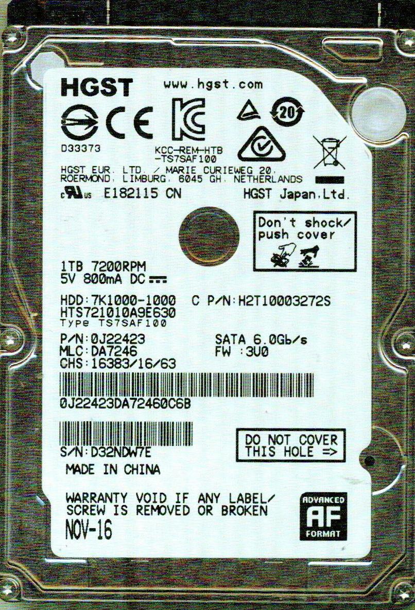 HTS721010A9E630,  DA7246,  0J22423,   HITACHI SATA 1TB
