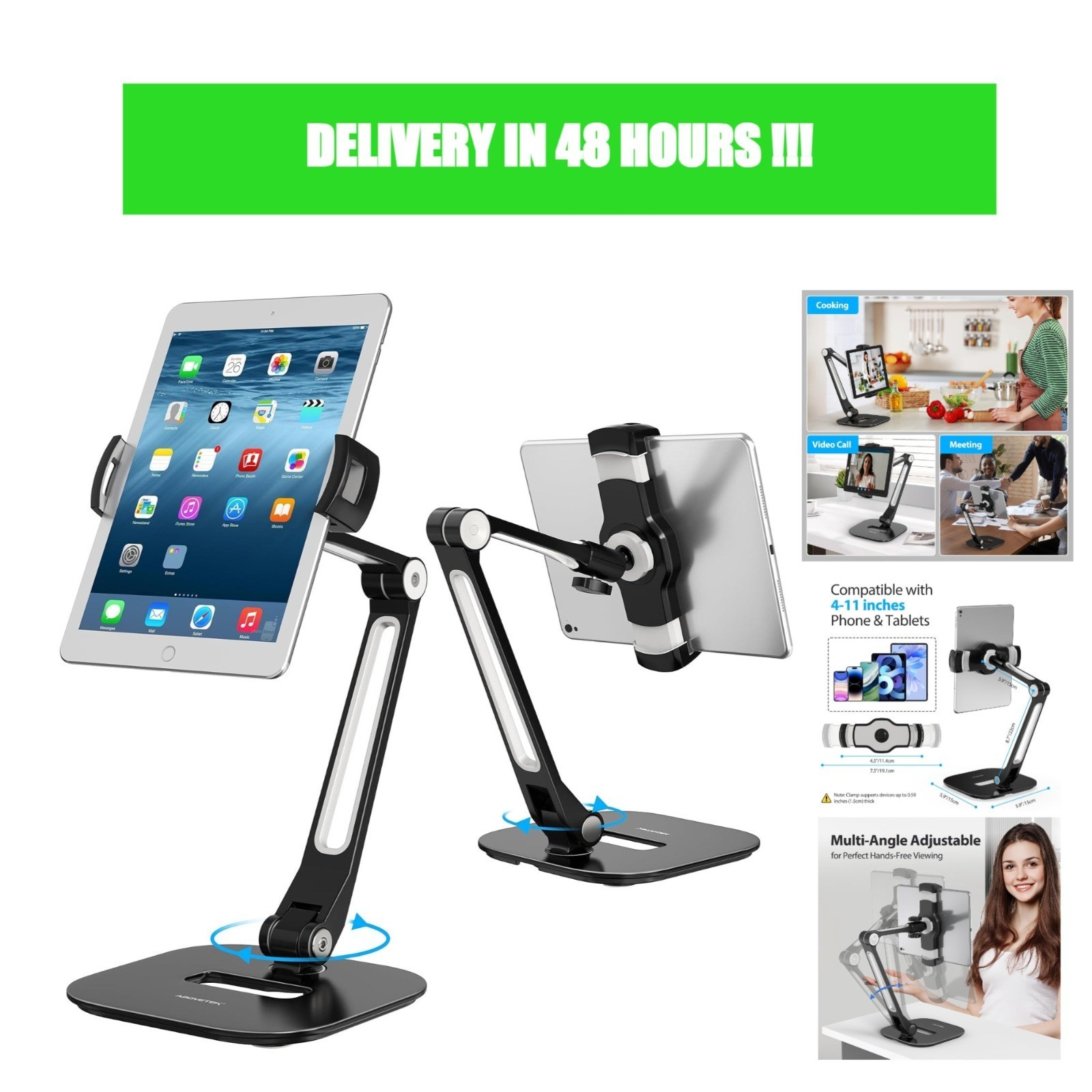 AboveTEK Tablet Stand 360° Swivel Adjustable Aluminum Desk Mount for 4-11" iPad