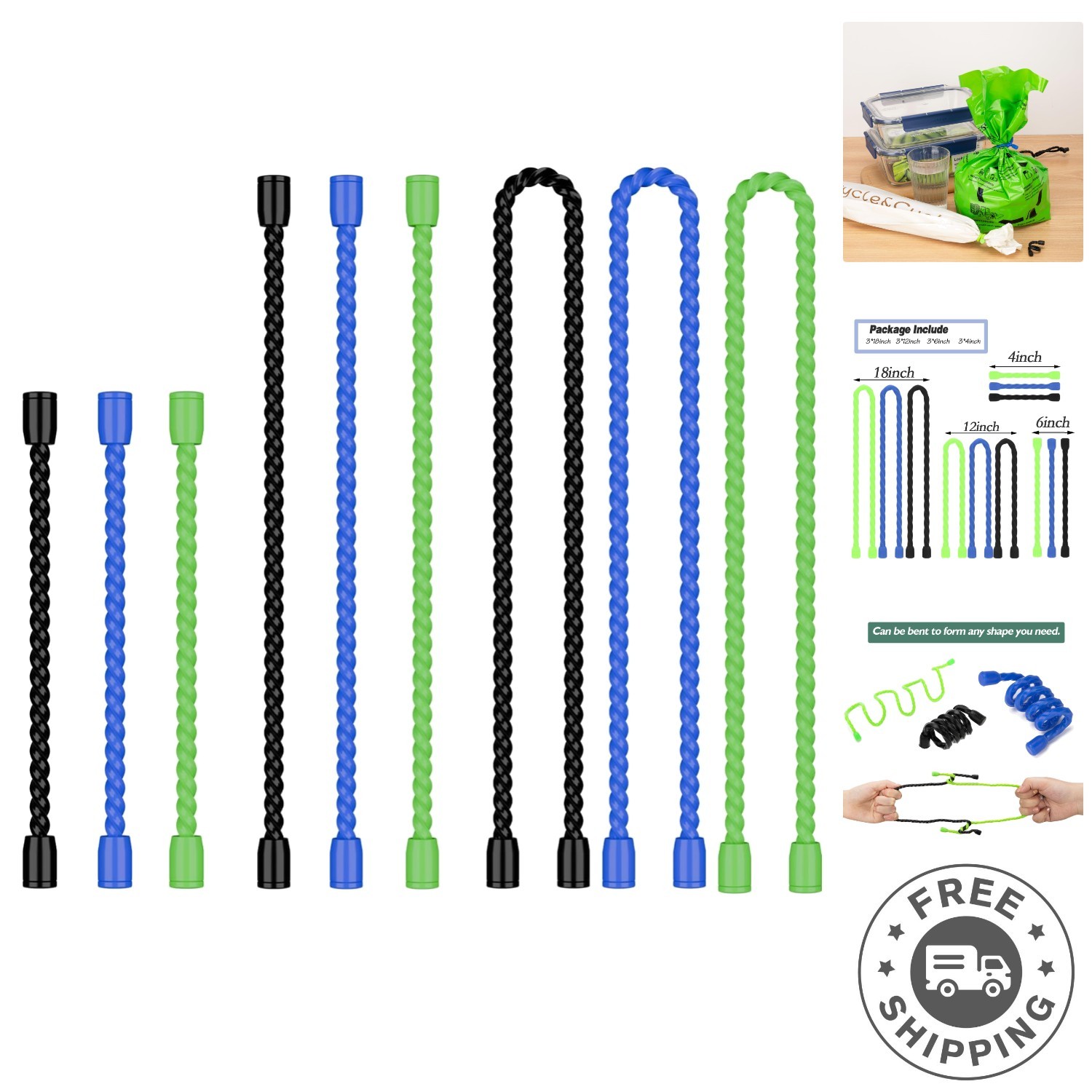 Bendable Silicone Cable Ties - 9PCS in 4inch, 6inch, 12inch for DIY & Bundling