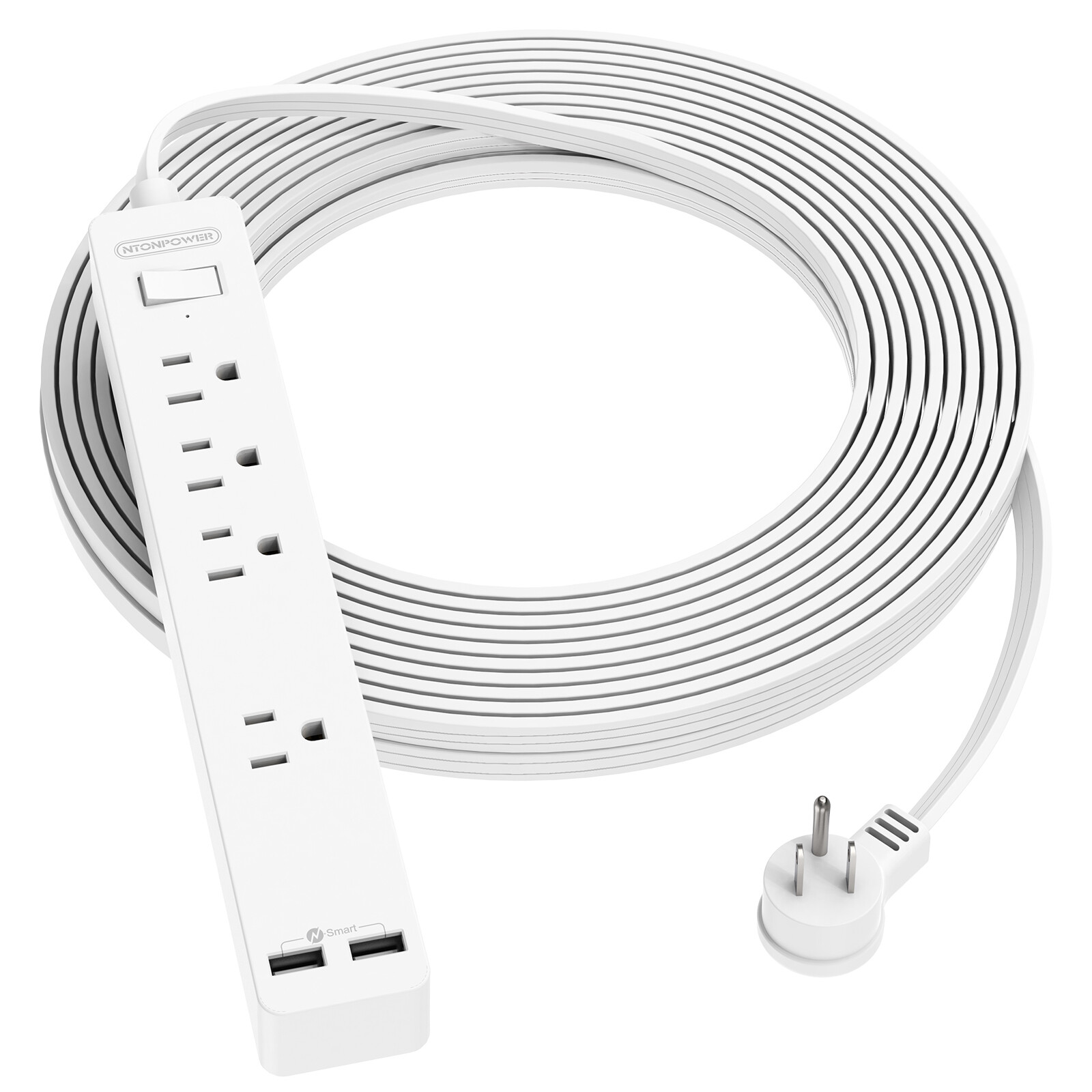 Wall Mount Power Strip Flat Plug 4 AC Outlets 2 USB 15 ft Long Extension Cord