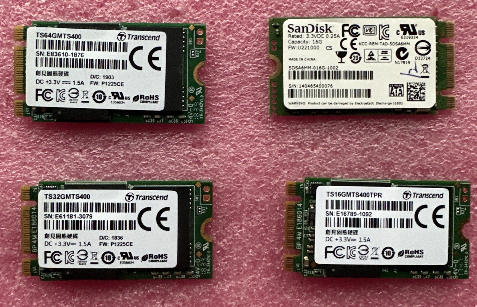 Lot of 4x (2x 16GB 32GB 64GB) MLC SATA 6Gbps M.2 2242 SSD
