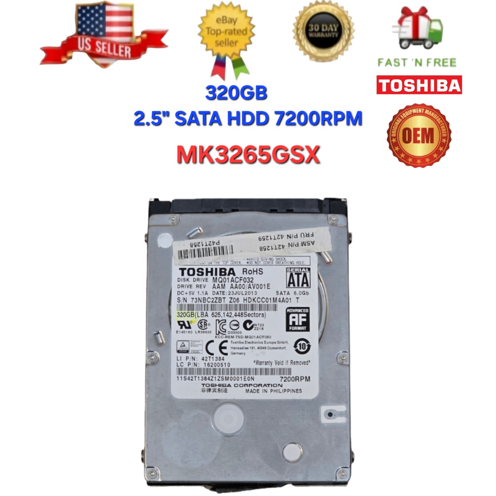Toshiba MK3265GSX 320GB 2.5" SATA HDD 7200RPM Laptop Hard Drive