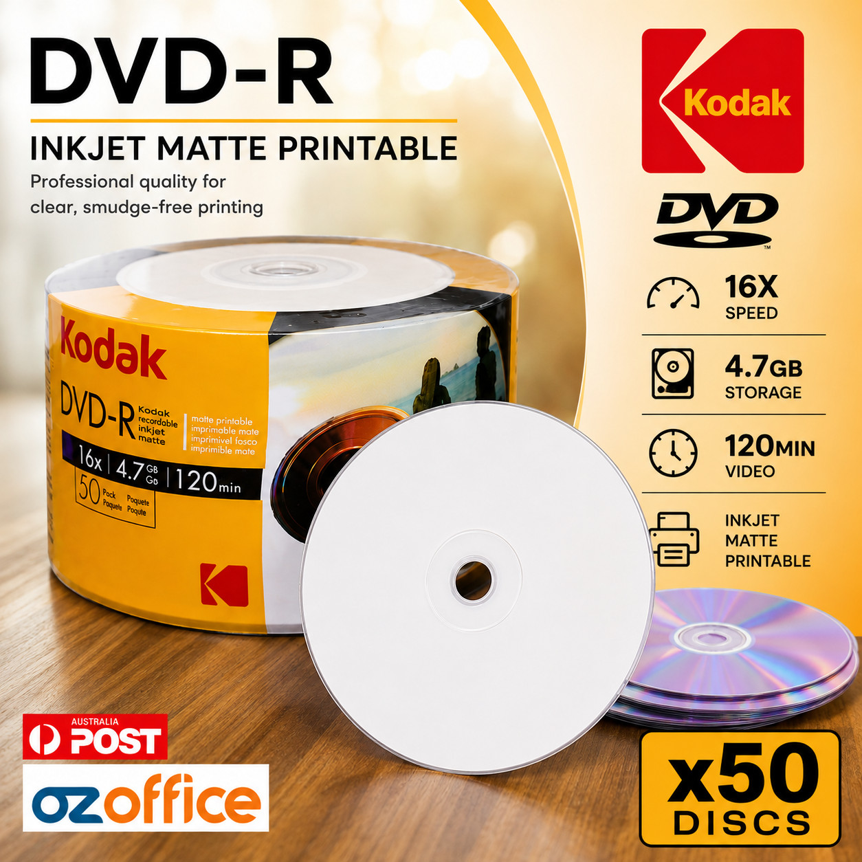 PREMIUM 50 x KODAK DVD-R 16x Inkjet Printable Blank DVD Discs - Print to Center