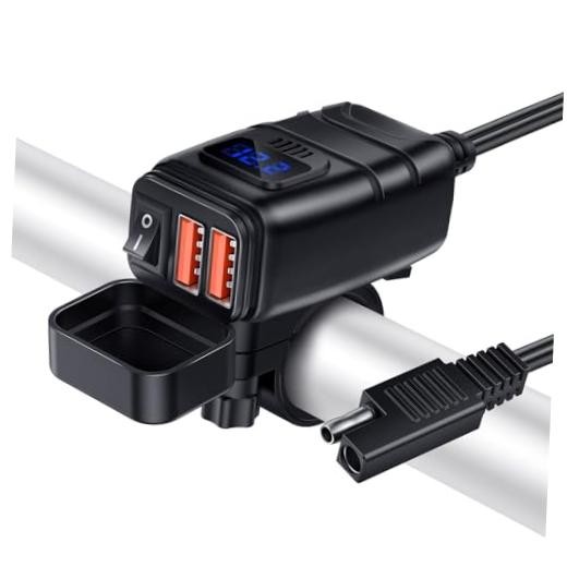 Motorcycle Phone Charger, SAE to USB Adapter with 12V Voltmeter Blue Voltmeter