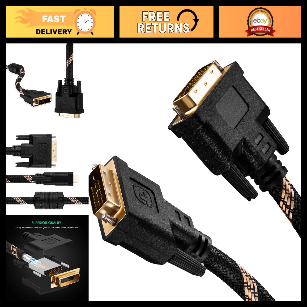50ft DVI to DVI Cable, Nylon Braided Dual Link Male to Male, Gold Plated, 2560x1
