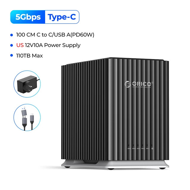ORICO 5 Bay Type-C Storage Enclosure 3.5" HDD for Mac and PC DAS Solution 110TB