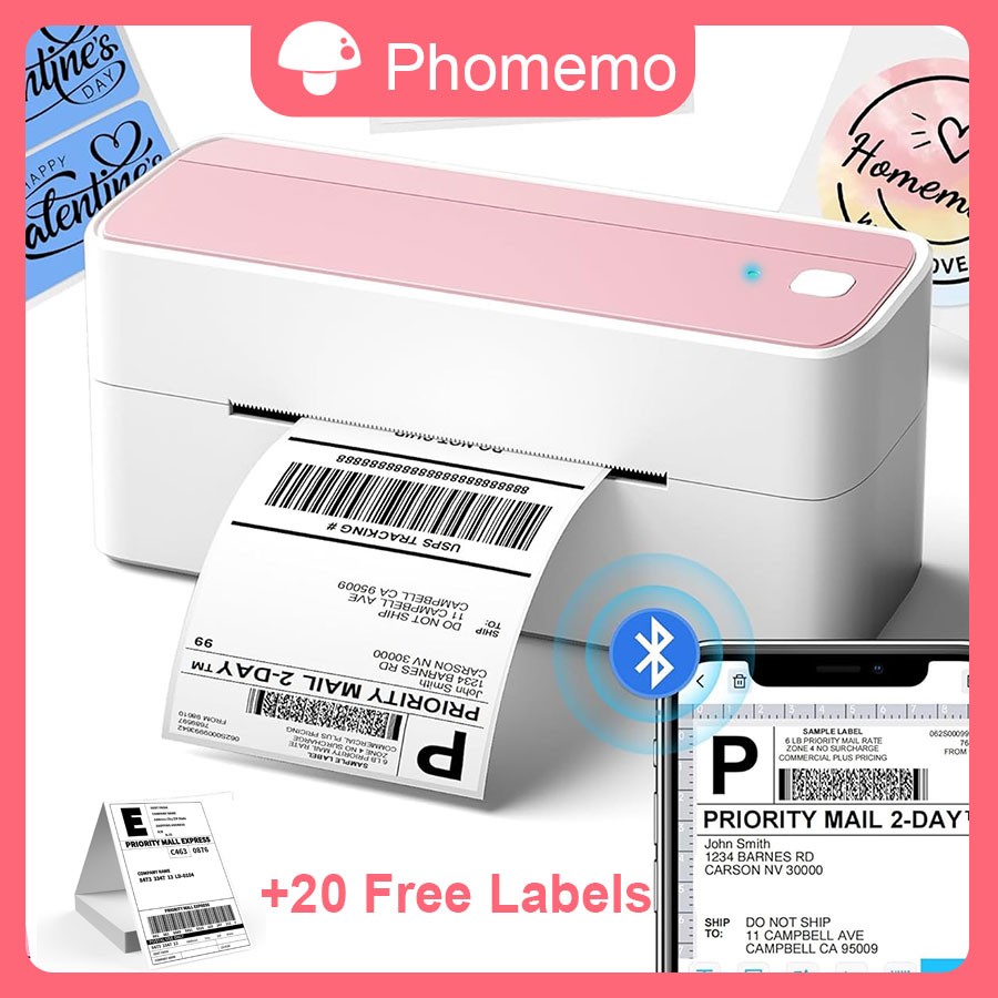 Phomemo 4x6 Bluetooth Shipping Printer + 20 Free Labels ups usps fedex PINK NEW