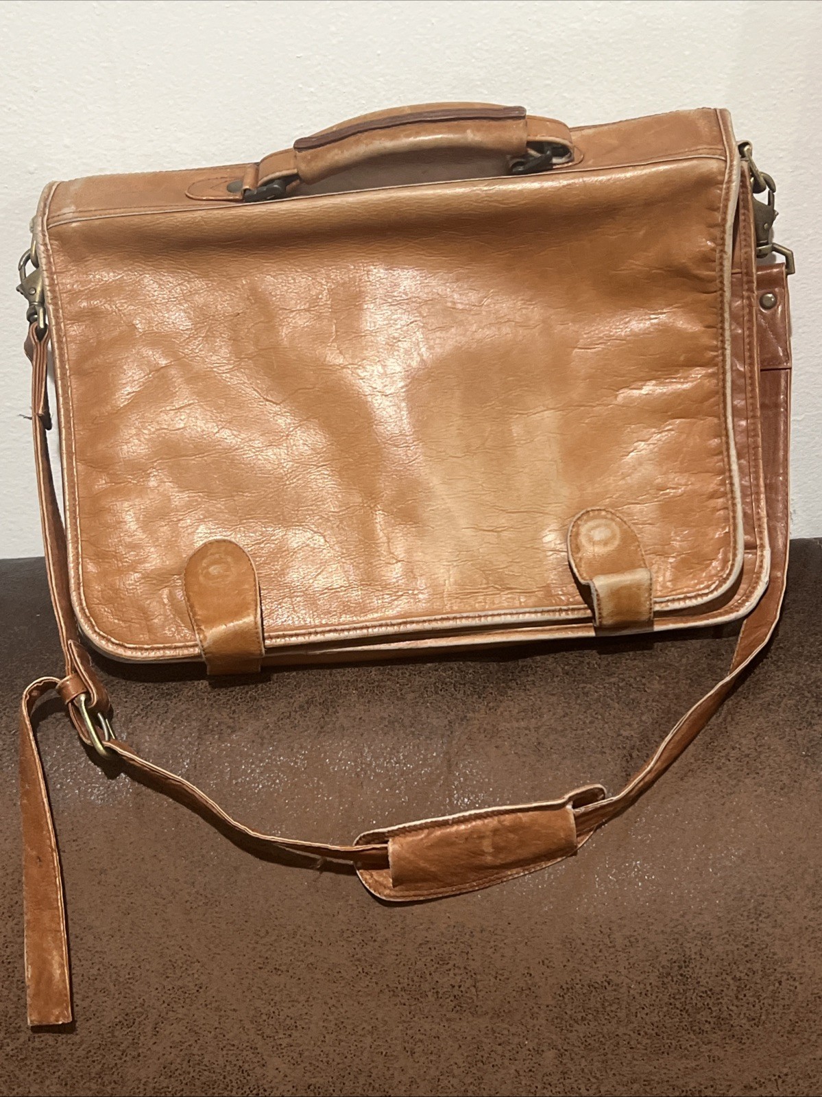 Distressed Vintage Leather Bag Satchel Laptop Folio  Briefcase Columbia Tool