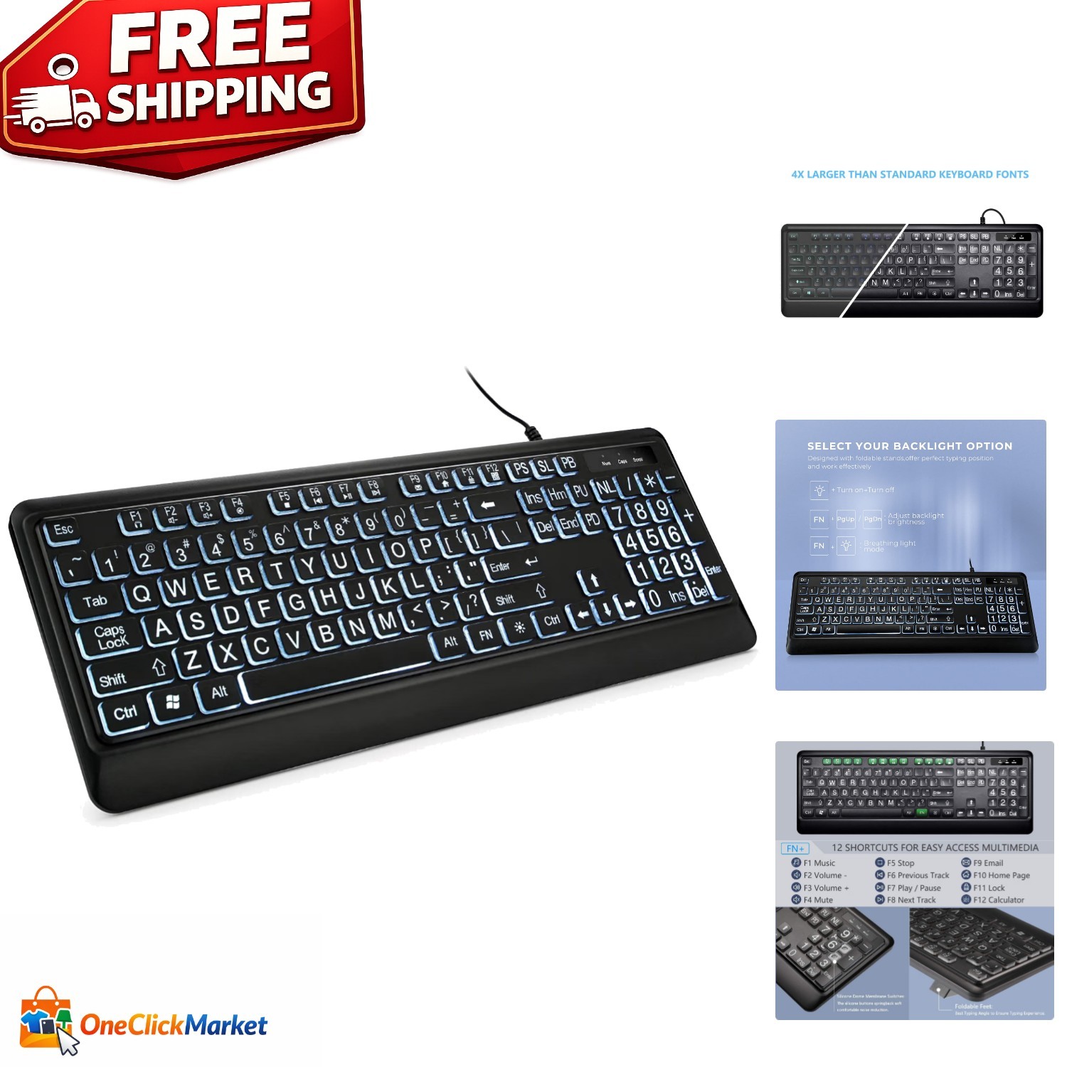 Full Size USB Wired Keyboard with White LED Backlight - Perfect for Offices