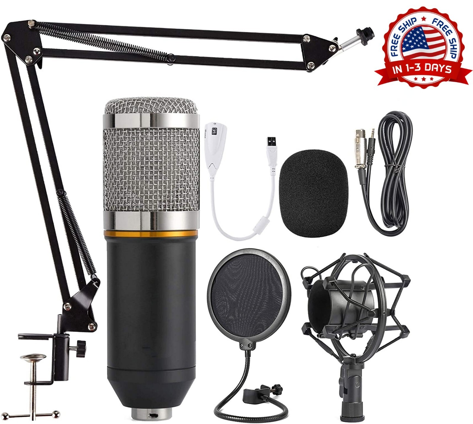 Microfono De Estudio Condensador Con Soporte Giratorio Adaptador Filtro Nailon