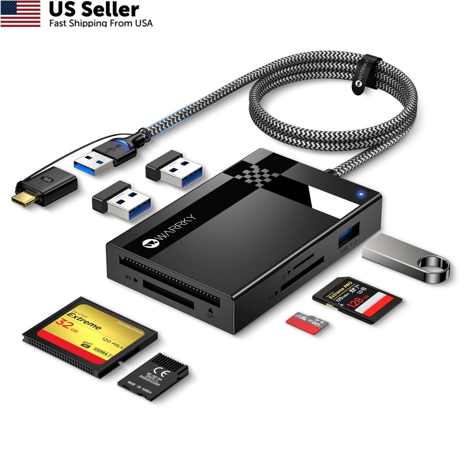 SD Card Reader 7 in 1, WARRKY [Dual Connector USB3.0/USB C, 2.5FT USB-A/C 
