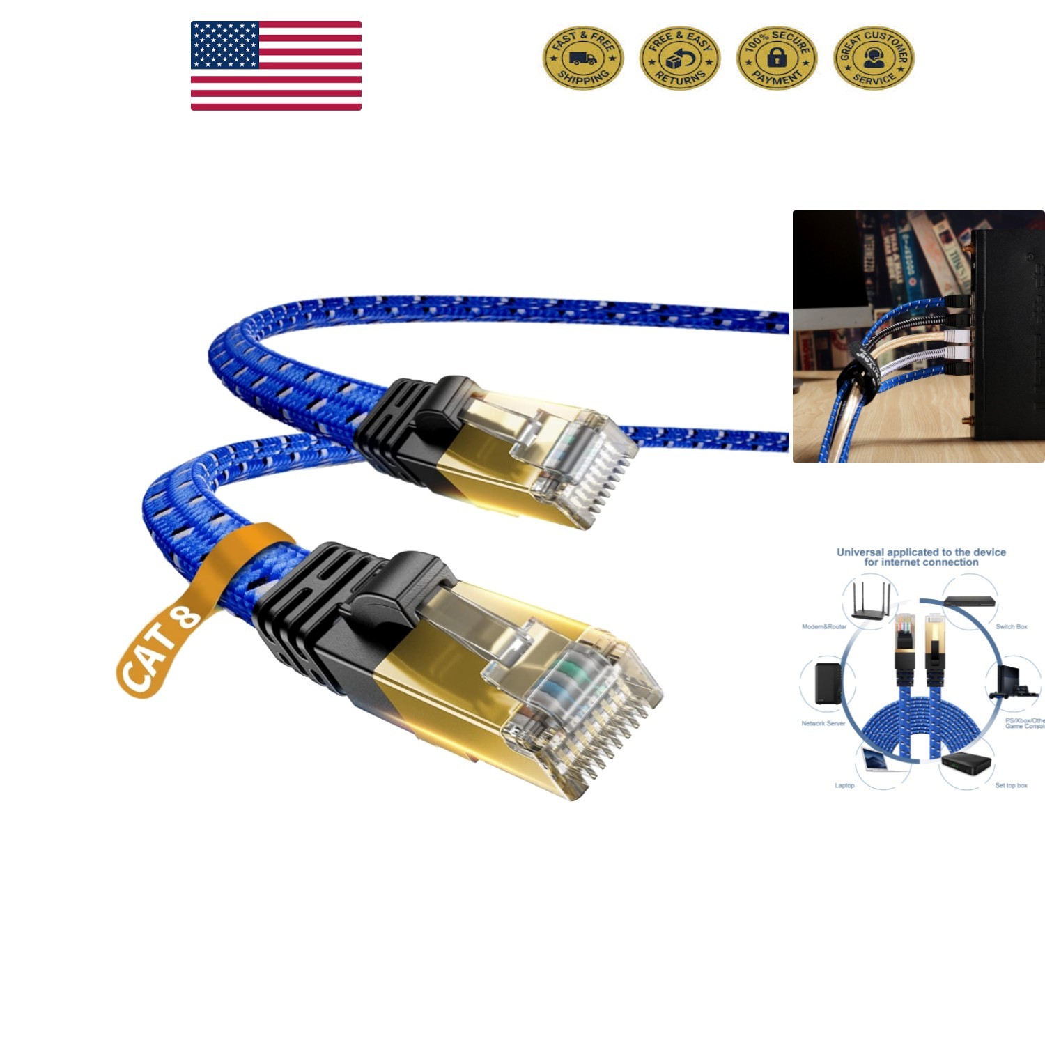 16ft Nylon Braided Cat 8 Ethernet Cable - 40Gbps, Universal RJ45 Connector